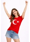 T-Shirt Kısa Kol Bisiklet Yaka Ay Yıldız Bayrak Baskılı Tişört - Kırmızı