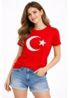 T-Shirt Kısa Kol Bisiklet Yaka Ay Yıldız Bayrak Baskılı Tişört - Kırmızı