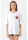 Türk Arma Baskılı Oversize Bisiklet Yaka Günlük T-shirt - Beyaz