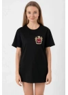Türk Arma Baskılı Oversize Bisiklet Yaka Günlük T-shirt - Siyah