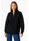 Üç İplik Dık Yaka Yarım Fermuarlı SweatShirt - Siyah