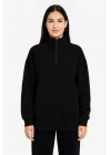 Üç İplik Dık Yaka Yarım Fermuarlı SweatShirt - Siyah
