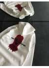 Üç İplik Kapşonlu Baskılı Oversize SweatShirt- Beyaz
