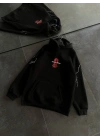 Üç İplik Kapşonlu Baskılı Oversize SweatShirt- Siyah