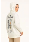 Üç İplik Kapşonlu ön Ve Arka Baskılı SweatShirt Hoodie- Beyaz