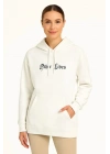 Üç İplik Kapşonlu ön Ve Arka Baskılı SweatShirt Hoodie- Beyaz