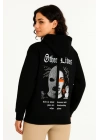 Üç İplik Kapşonlu ön Ve Arka Baskılı SweatShirt Hoodie- Siyah