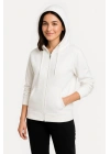Üç İplik Kapüşonlu Tam Fermuarlı Kanguru Çepli SweatShirt Hoodie - Beyaz