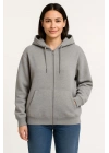 Üç İplik Kapüşonlu Tam Fermuarlı Kanguru Çepli SweatShirt Hoodie - Gri