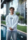 Üç İplik Penye Kapşonlu Baskılı SweatShirt - Beyaz