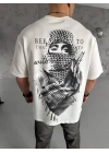 Unisex Baskılı Oversize T-Shirt - Beyaz