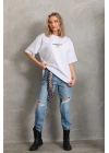 Unisex Baskılı Oversize T-Shirt - Beyaz