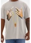 Unisex Baskılı Oversize T-Shirt - Gri