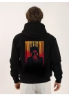 Unisex Baskılı Oversize Üç İplik Kapüşonlu Sweatshirt - Siyah