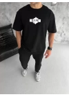 Unisex Bisiklet Yaka Baskılı Double Oversize T-Shirt - Siyah
