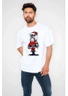 Unisex Bisiklet Yaka Baskılı Oversize T-Shirt - Beyaz