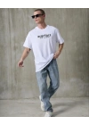 Unisex Bisiklet Yaka Baskılı Oversize T-Shirt - Beyaz