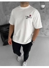 Unisex Bisiklet Yaka Baskılı Oversize T-Shirt - Beyaz