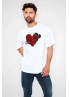 Unisex Bisiklet Yaka Baskılı Oversize T-Shirt - Beyaz