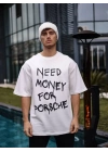 Unisex Bisiklet Yaka Baskılı Oversize T-Shirt - Beyaz