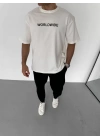 Unisex Bisiklet Yaka Baskılı Oversize T-Shirt - Beyaz