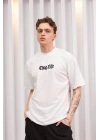 Unisex Bisiklet Yaka Baskılı Oversize T-Shirt - Beyaz