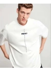 Unisex Bisiklet Yaka Baskılı Oversize T-Shirt - Beyaz