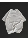 Unisex Bisiklet Yaka Baskılı Oversize T-Shirt - Beyaz