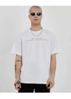 Unisex Bisiklet Yaka Baskılı Oversize T-Shirt - Beyaz