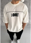 Unisex Bisiklet Yaka Baskılı Oversize T-Shirt - Beyaz