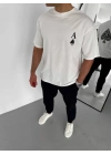 Unisex Bisiklet Yaka Baskılı Oversize T-Shirt - Beyaz