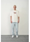 Unisex Bisiklet Yaka Baskılı Oversize T-Shirt - Beyaz
