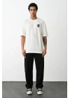 Unisex Bisiklet Yaka Baskılı Oversize T-Shirt - Beyaz