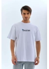 Unisex Bisiklet Yaka Baskılı Oversize T-Shirt - Beyaz