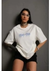 Unisex Bisiklet Yaka Baskılı Oversize T-Shirt - Beyaz
