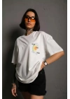 Unisex Bisiklet Yaka Baskılı Oversize T-Shirt - Beyaz