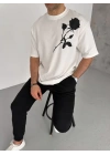 Unisex Bisiklet Yaka Baskılı Oversize T-Shirt - Beyaz