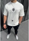 Unisex Bisiklet Yaka Baskılı Oversize T-Shirt - Beyaz