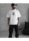 Unisex Bisiklet Yaka Baskılı Oversize T-Shirt - Beyaz
