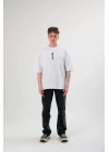 Unisex Bisiklet Yaka Baskılı Oversize T-Shirt - Beyaz