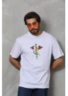Unisex Bisiklet Yaka Baskılı Oversize T-Shirt - Beyaz