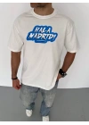 Unisex Bisiklet Yaka Baskılı Oversize T-Shirt - Beyaz