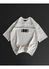 Unisex Bisiklet Yaka Baskılı Oversize T-Shirt - Beyaz