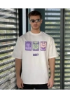 Unisex Bisiklet Yaka Baskılı Oversize T-Shirt - Beyaz