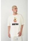 Unisex Bisiklet Yaka Baskılı Oversize T-Shirt - Beyaz