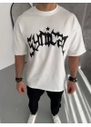 Unisex Bisiklet Yaka Baskılı Oversize T-Shirt - Beyaz