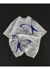 Unisex Bisiklet Yaka Baskılı Oversize T-Shirt - Beyaz
