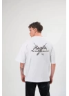 Unisex Bisiklet Yaka Baskılı Oversize T-Shirt - Beyaz
