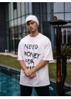 Unisex Bisiklet Yaka Baskılı Oversize T-Shirt - Beyaz