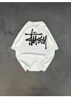 Unisex Bisiklet Yaka Baskılı Oversize T-Shirt - Beyaz